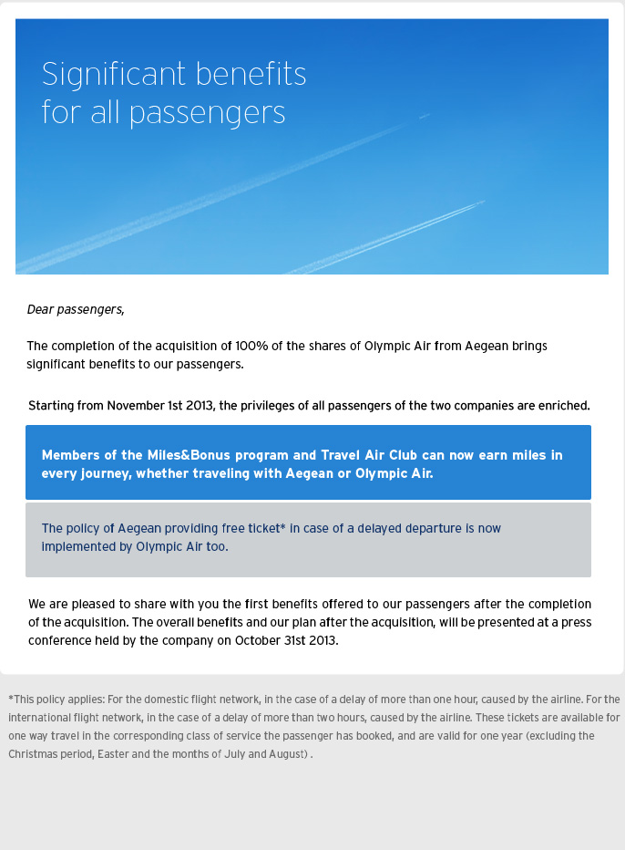 The approval of EE for the acquisition of Olympic Air from Aegean Airlines creates the conditions for a sustainable, dynamic Greek carrier.